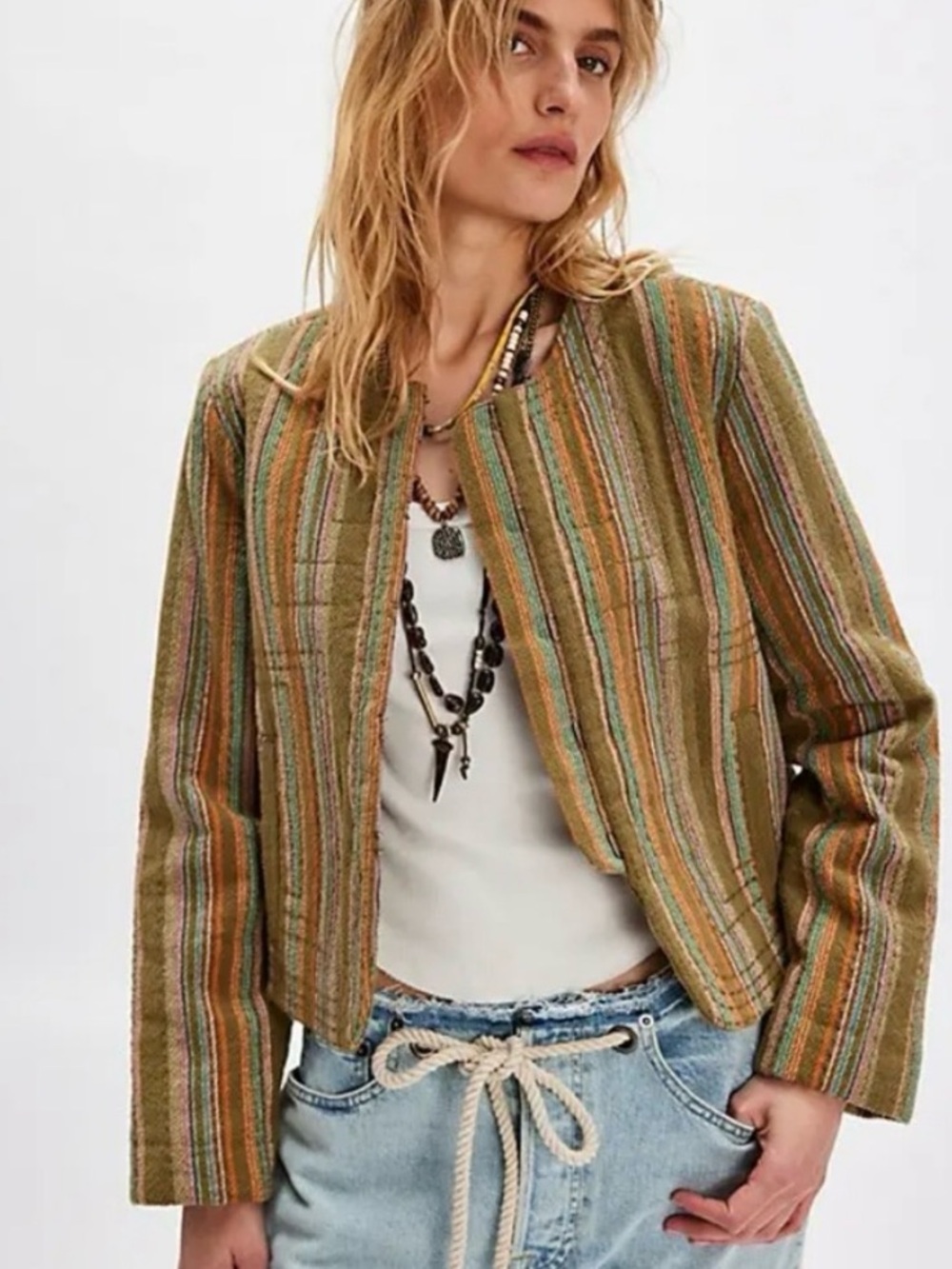 Striped Olive Multi-Color Cropped Jacket